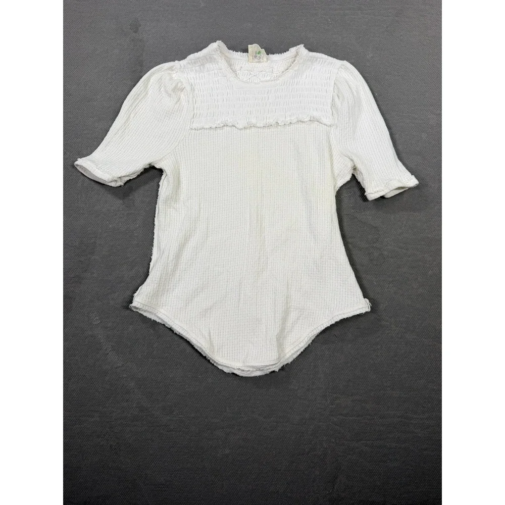 Free People We The Free Smocked Yoke Thermal Top Cream White Short Sleeve Small